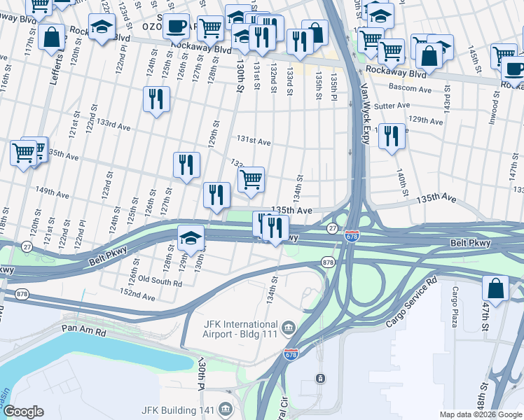map of restaurants, bars, coffee shops, grocery stores, and more near 131-07 135th Avenue in Queens