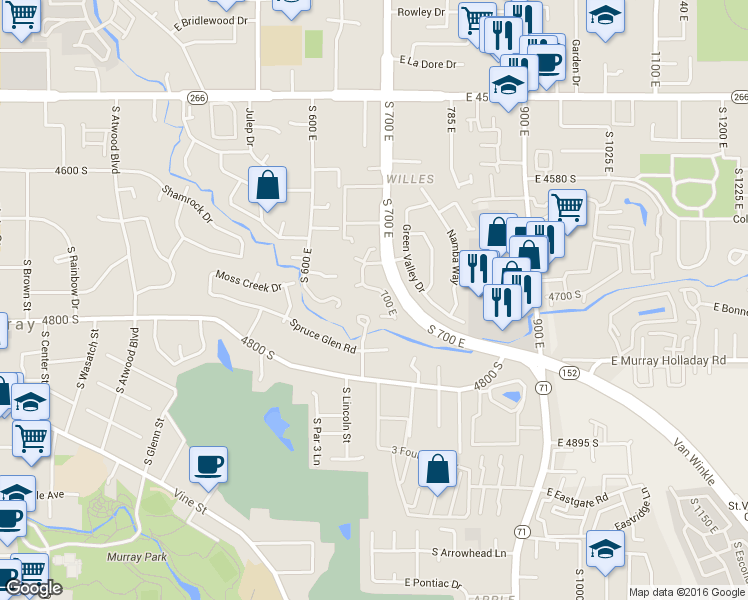 map of restaurants, bars, coffee shops, grocery stores, and more near 4700 S 700 E in Murray