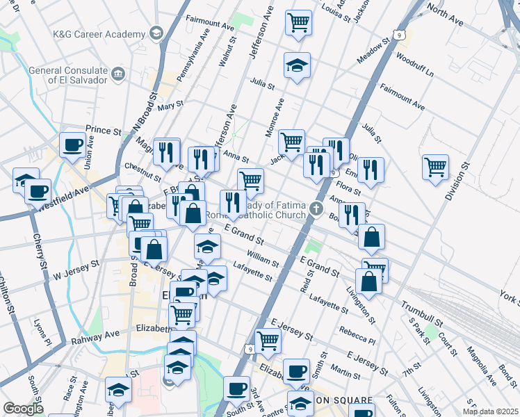 map of restaurants, bars, coffee shops, grocery stores, and more near 1051 Magnolia Avenue in Elizabeth