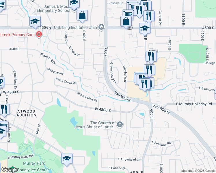 map of restaurants, bars, coffee shops, grocery stores, and more near 4746 South 700 East in Murray