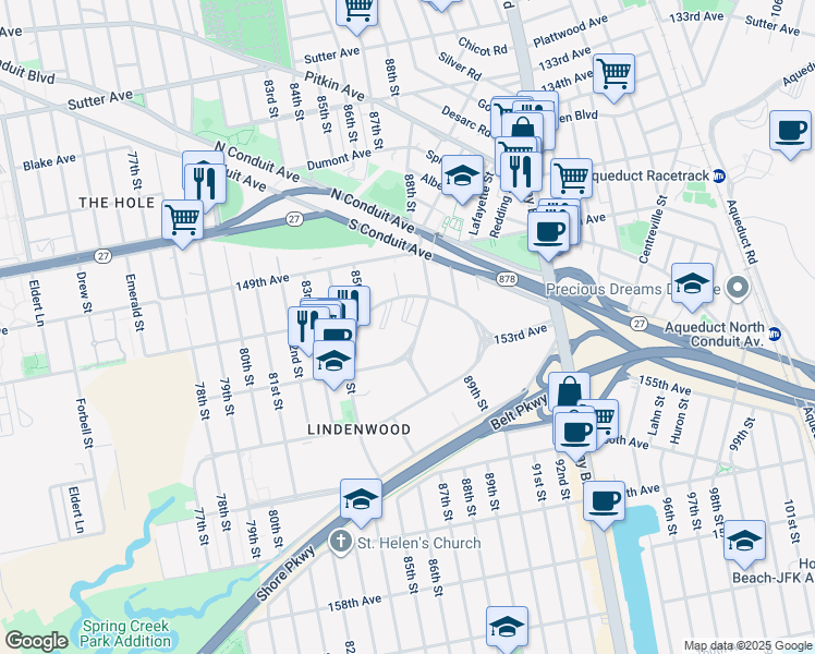map of restaurants, bars, coffee shops, grocery stores, and more near 151-20 88th Street in Queens