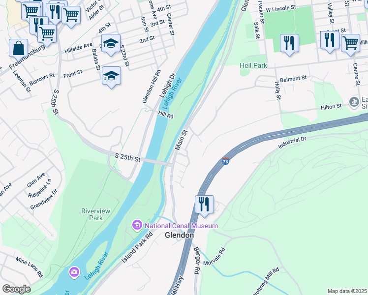 map of restaurants, bars, coffee shops, grocery stores, and more near 173 Main Street in Glendon