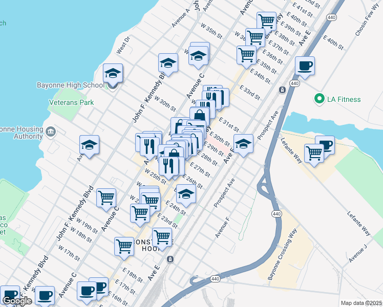 map of restaurants, bars, coffee shops, grocery stores, and more near 606 Broadway in Bayonne