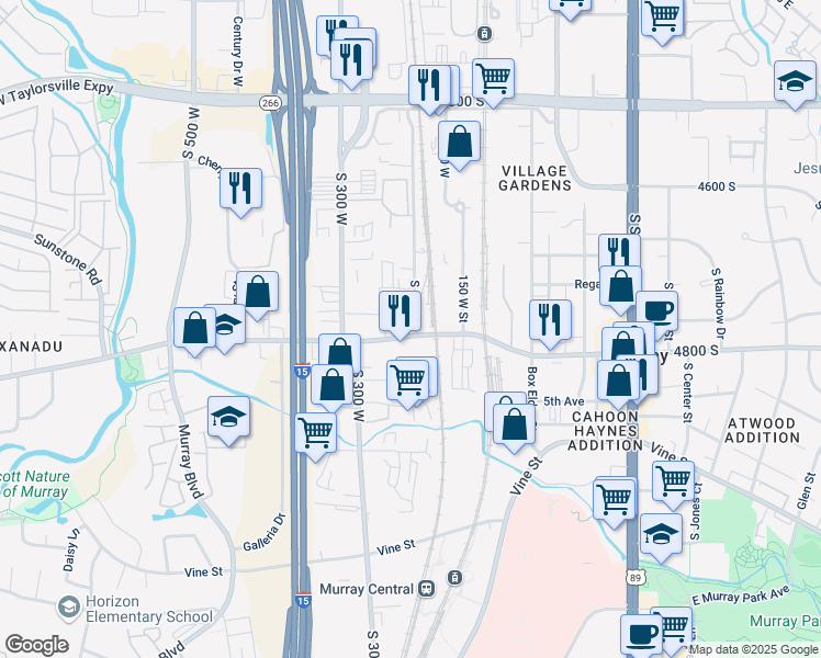 map of restaurants, bars, coffee shops, grocery stores, and more near 4760 200 West in Murray
