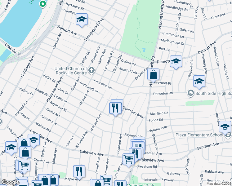 map of restaurants, bars, coffee shops, grocery stores, and more near 165 Princeton Road in Rockville Centre