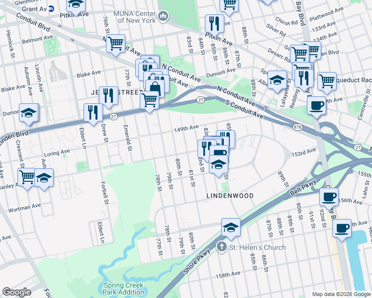 map of restaurants, bars, coffee shops, grocery stores, and more near 149-34 81st Street in Queens