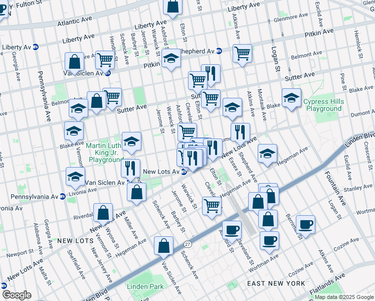 map of restaurants, bars, coffee shops, grocery stores, and more near 937 Dumont Avenue in Brooklyn