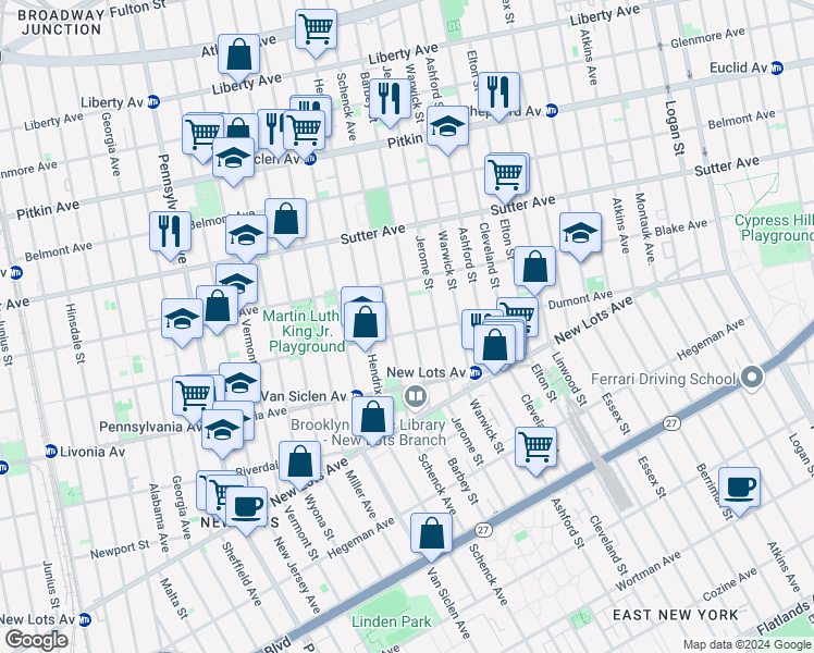 map of restaurants, bars, coffee shops, grocery stores, and more near 515 Schenck Avenue in Brooklyn
