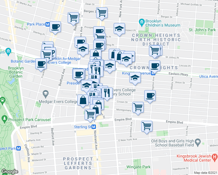 map of restaurants, bars, coffee shops, grocery stores, and more near 1247 President Street in Brooklyn