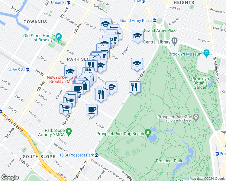 map of restaurants, bars, coffee shops, grocery stores, and more near 550 5th Street in Brooklyn