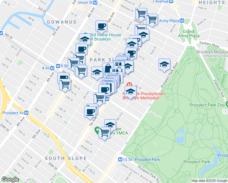 map of restaurants, bars, coffee shops, grocery stores, and more near 289 7th Avenue in Brooklyn