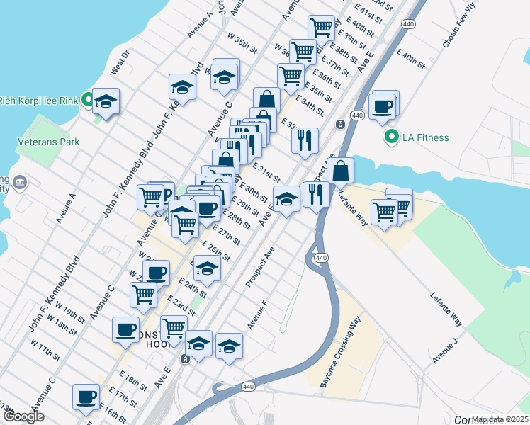 map of restaurants, bars, coffee shops, grocery stores, and more near in Bayonne