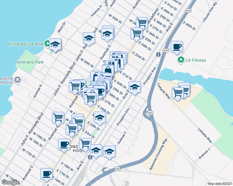 map of restaurants, bars, coffee shops, grocery stores, and more near 24 East 29th Street in Bayonne