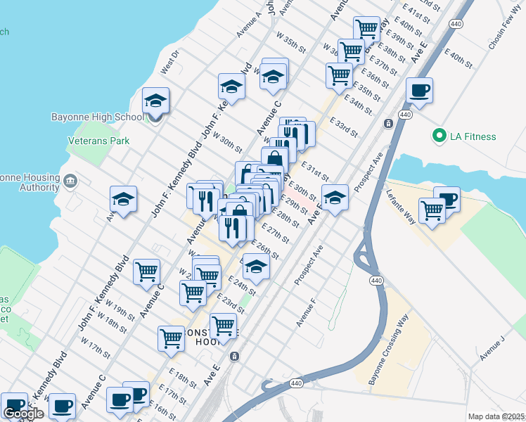 map of restaurants, bars, coffee shops, grocery stores, and more near in Bayonne