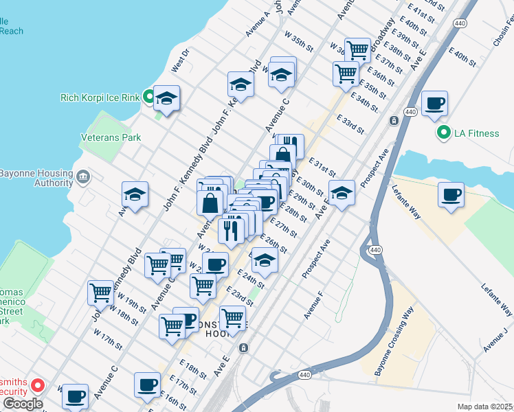 map of restaurants, bars, coffee shops, grocery stores, and more near 25 West 27th Street in Bayonne