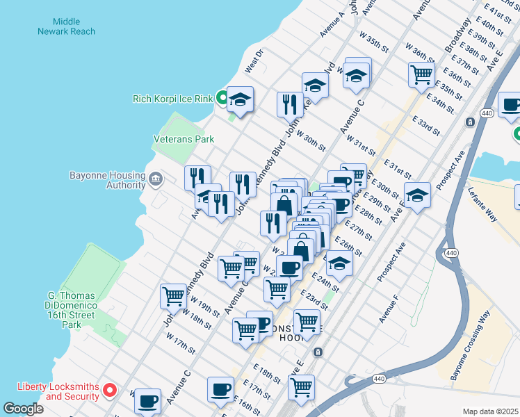 map of restaurants, bars, coffee shops, grocery stores, and more near 654 John F. Kennedy Boulevard in Bayonne