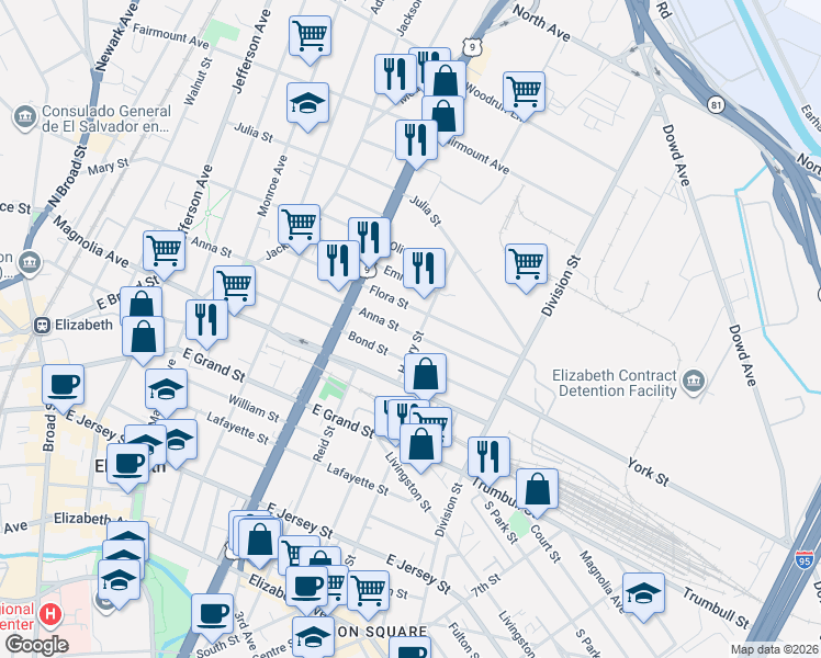 map of restaurants, bars, coffee shops, grocery stores, and more near 904-906 Flora Street in Elizabeth