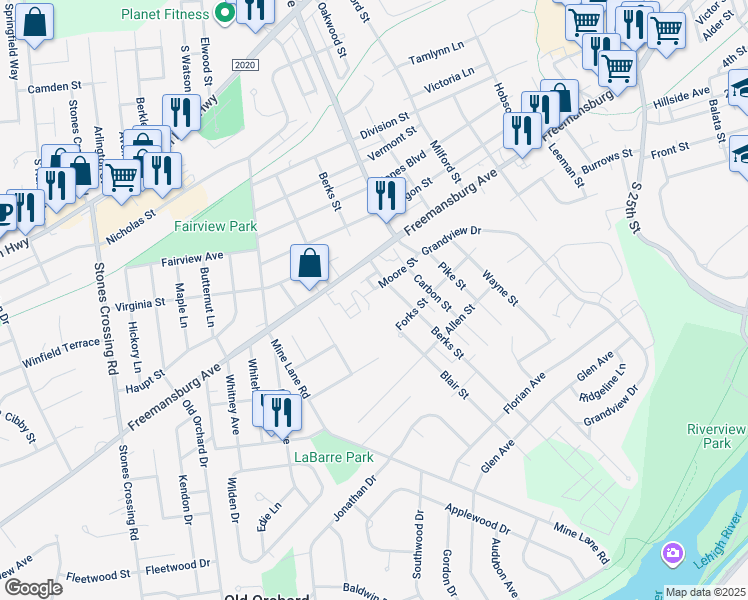 map of restaurants, bars, coffee shops, grocery stores, and more near 3245 Moore Street in Easton