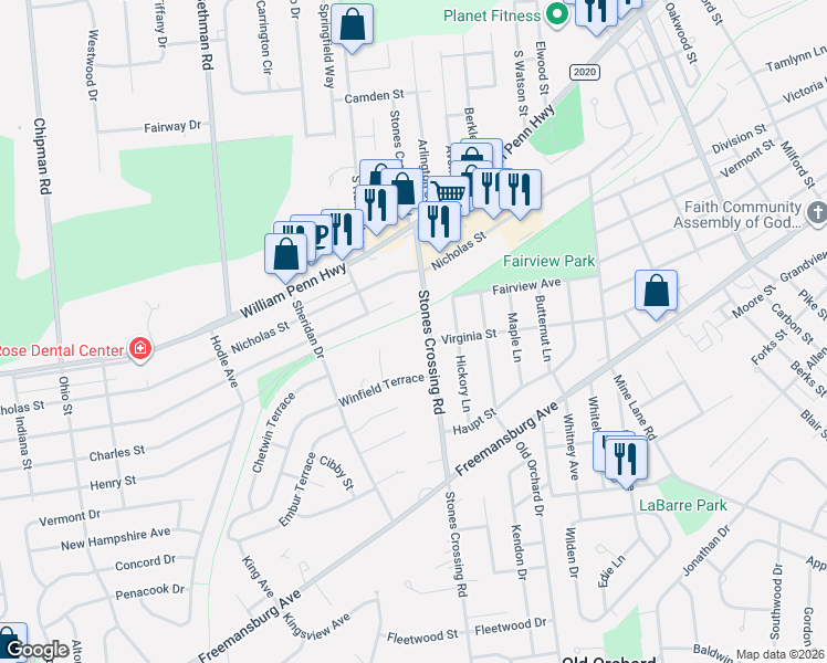 map of restaurants, bars, coffee shops, grocery stores, and more near 4016 Bayard Street in Easton