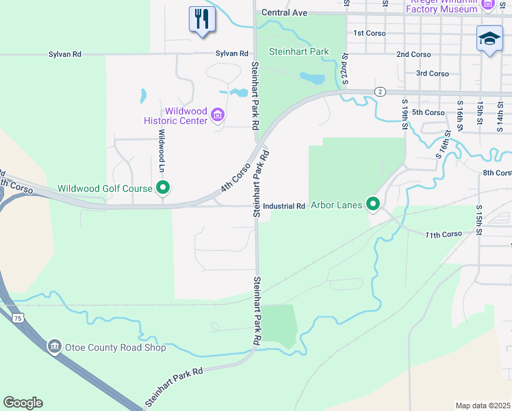 map of restaurants, bars, coffee shops, grocery stores, and more near Steinhart Park Road in Nebraska City