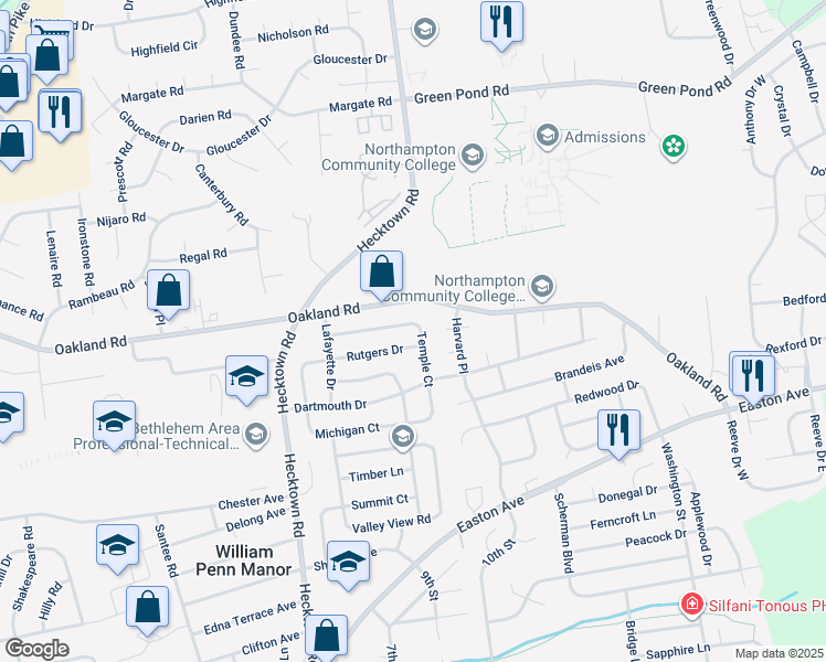 map of restaurants, bars, coffee shops, grocery stores, and more near 3654 Temple Court in Bethlehem