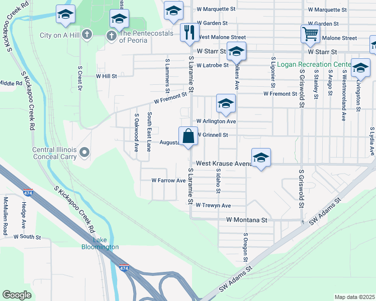 map of restaurants, bars, coffee shops, grocery stores, and more near 3112 W Augustana St in Peoria