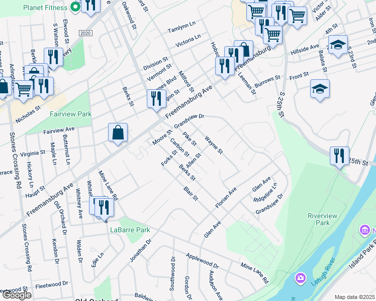 map of restaurants, bars, coffee shops, grocery stores, and more near 212 Carbon Street in Easton