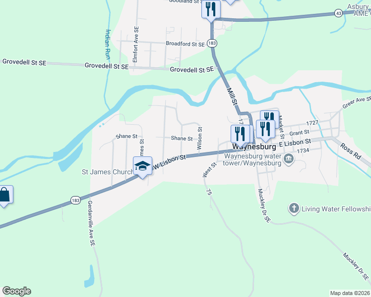 map of restaurants, bars, coffee shops, grocery stores, and more near 119 Roosevelt Avenue in Waynesburg