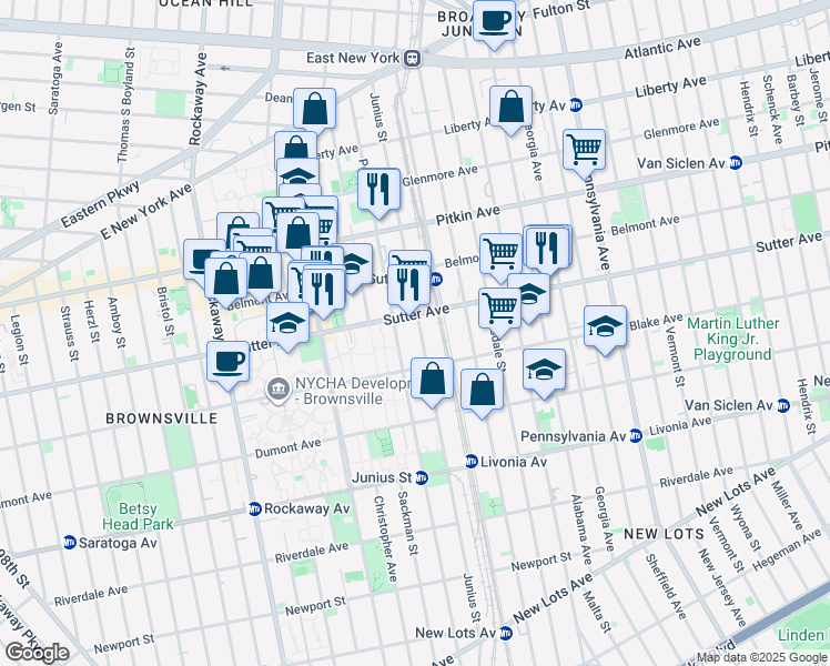 map of restaurants, bars, coffee shops, grocery stores, and more near 456 Sutter Avenue in Brooklyn