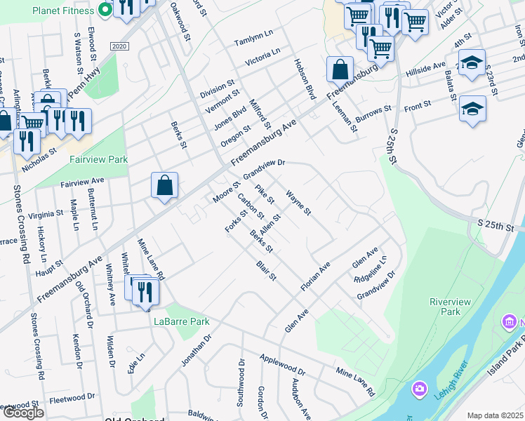map of restaurants, bars, coffee shops, grocery stores, and more near 212 Carbon Street in Easton