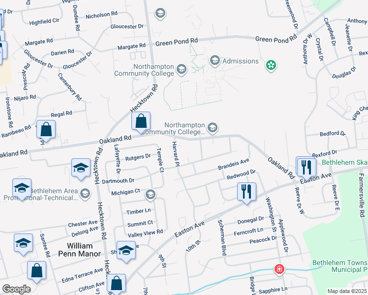 map of restaurants, bars, coffee shops, grocery stores, and more near 3440 Laubach Lane in Bethlehem
