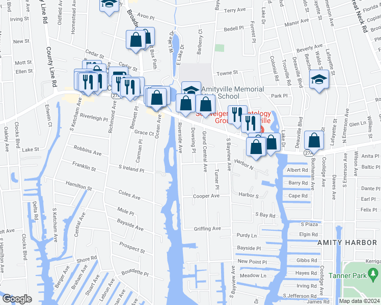 map of restaurants, bars, coffee shops, grocery stores, and more near 47 Dowsing Place in Amityville