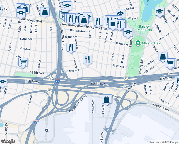 map of restaurants, bars, coffee shops, grocery stores, and more near 144-02 135th Avenue in Queens