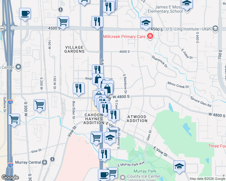 map of restaurants, bars, coffee shops, grocery stores, and more near 179 East Mountain View Drive in Murray