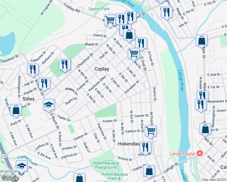 map of restaurants, bars, coffee shops, grocery stores, and more near 120 South 6th Street in Coplay