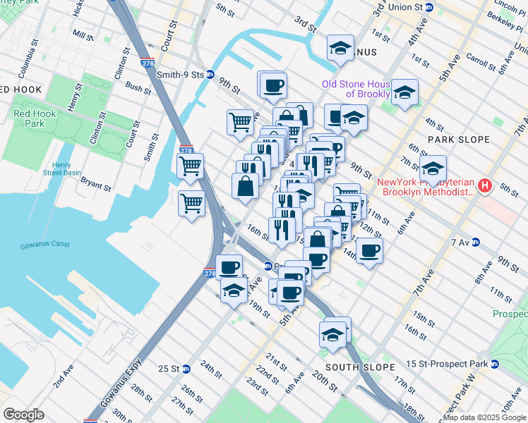 map of restaurants, bars, coffee shops, grocery stores, and more near 99 15th Street in Brooklyn