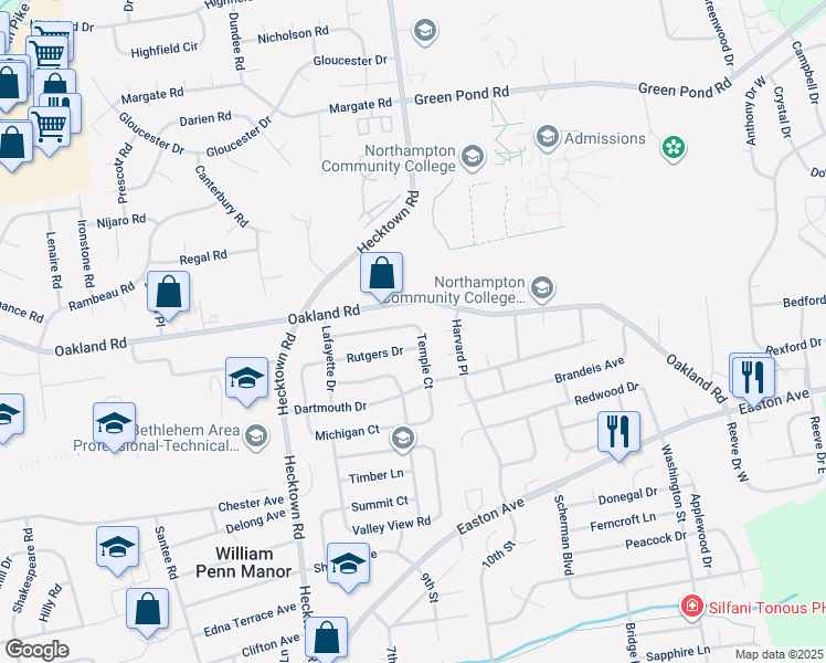 map of restaurants, bars, coffee shops, grocery stores, and more near 3654 Temple Court in Bethlehem