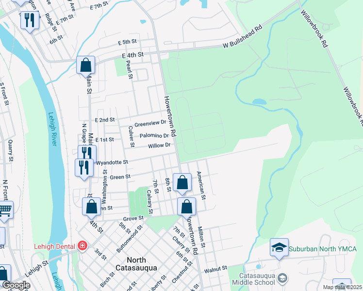 map of restaurants, bars, coffee shops, grocery stores, and more near 1296 Woodmont Lane in Catasauqua