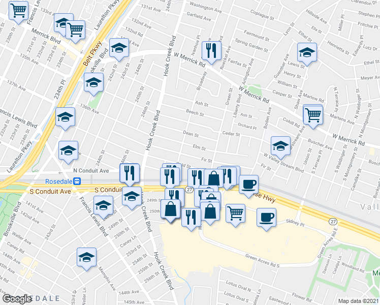 map of restaurants, bars, coffee shops, grocery stores, and more near 189 Fir Street in Valley Stream