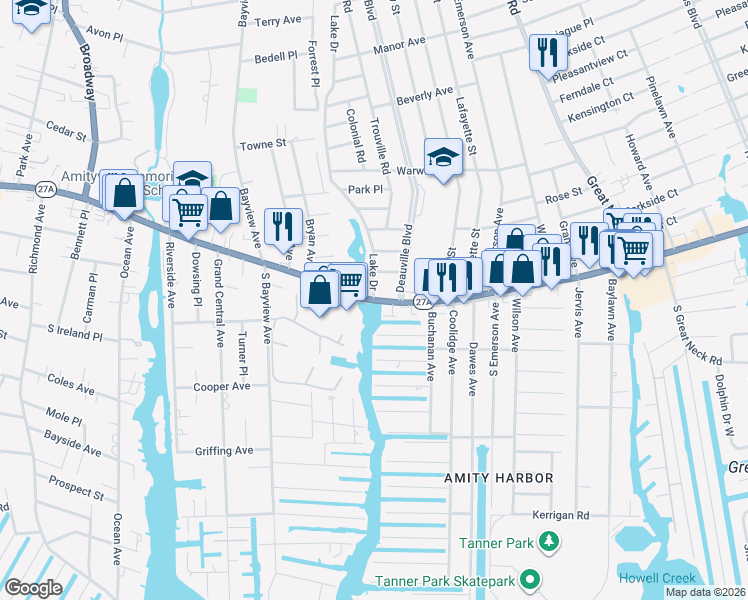 map of restaurants, bars, coffee shops, grocery stores, and more near 1 Merrick Road in Amityville