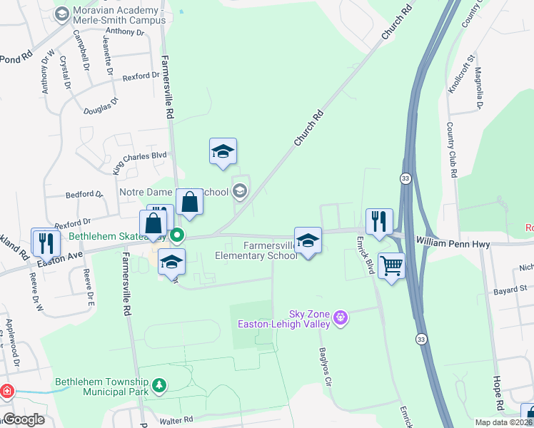 map of restaurants, bars, coffee shops, grocery stores, and more near 3410 Church Road in Easton