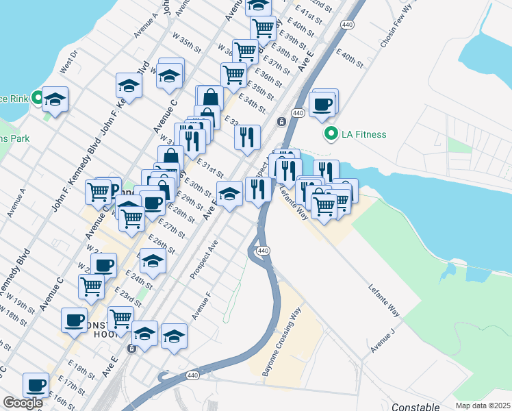 map of restaurants, bars, coffee shops, grocery stores, and more near 82 East 31st Street in Bayonne