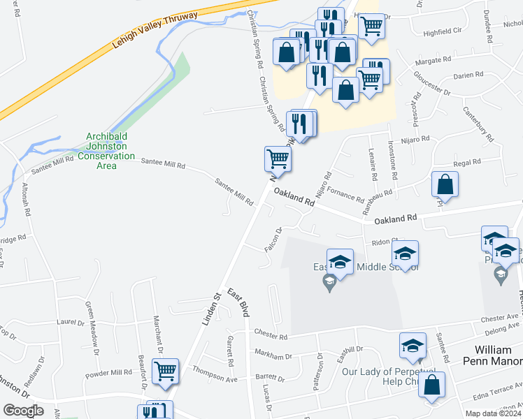 map of restaurants, bars, coffee shops, grocery stores, and more near 3516 Linden Street in Bethlehem