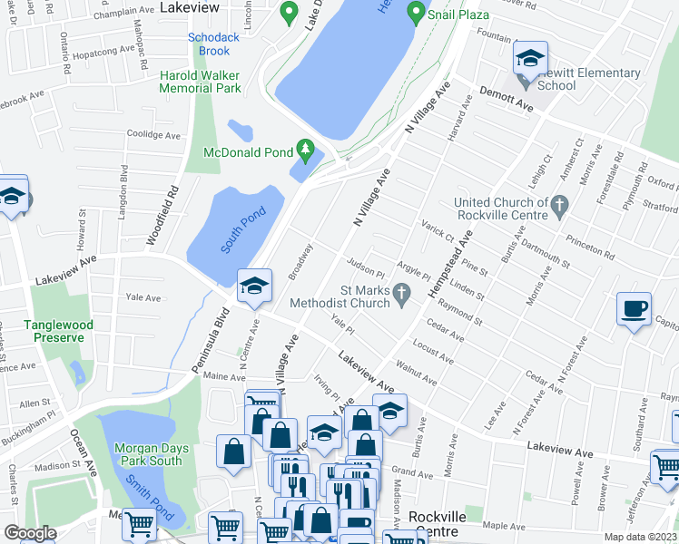 map of restaurants, bars, coffee shops, grocery stores, and more near 76 Judson Place in Rockville Centre