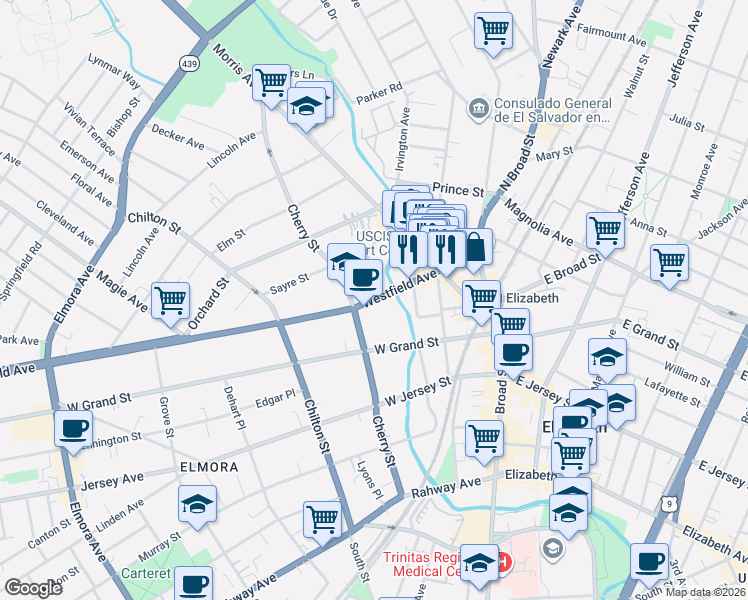 map of restaurants, bars, coffee shops, grocery stores, and more near 73 Westfield Avenue in Elizabeth