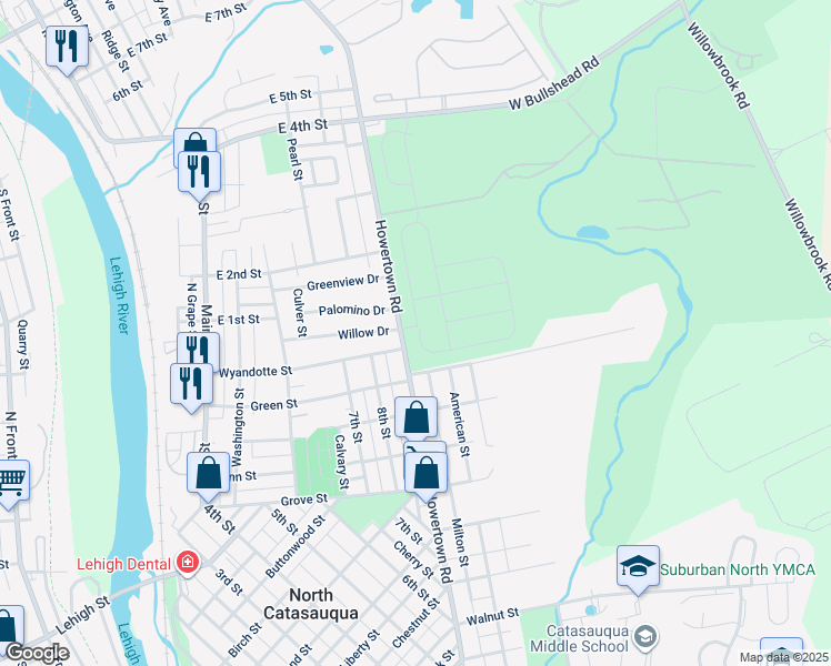 map of restaurants, bars, coffee shops, grocery stores, and more near 1296 Woodmont Lane in Catasauqua