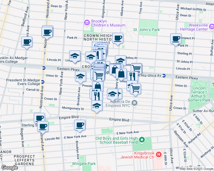 map of restaurants, bars, coffee shops, grocery stores, and more near 1441 President Street in Brooklyn