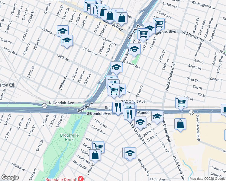 map of restaurants, bars, coffee shops, grocery stores, and more near 13823 Brookville Boulevard in Queens