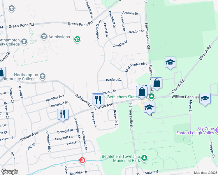 map of restaurants, bars, coffee shops, grocery stores, and more near 4034 Reeve Drive in Bethlehem