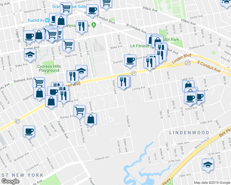 map of restaurants, bars, coffee shops, grocery stores, and more near Eldert Lane & Loring Avenue in Brooklyn